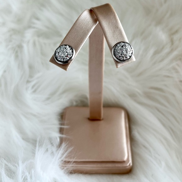 Metallic Silver Stainless Steel Druzy Stud Earrings - Picture 11 of 11